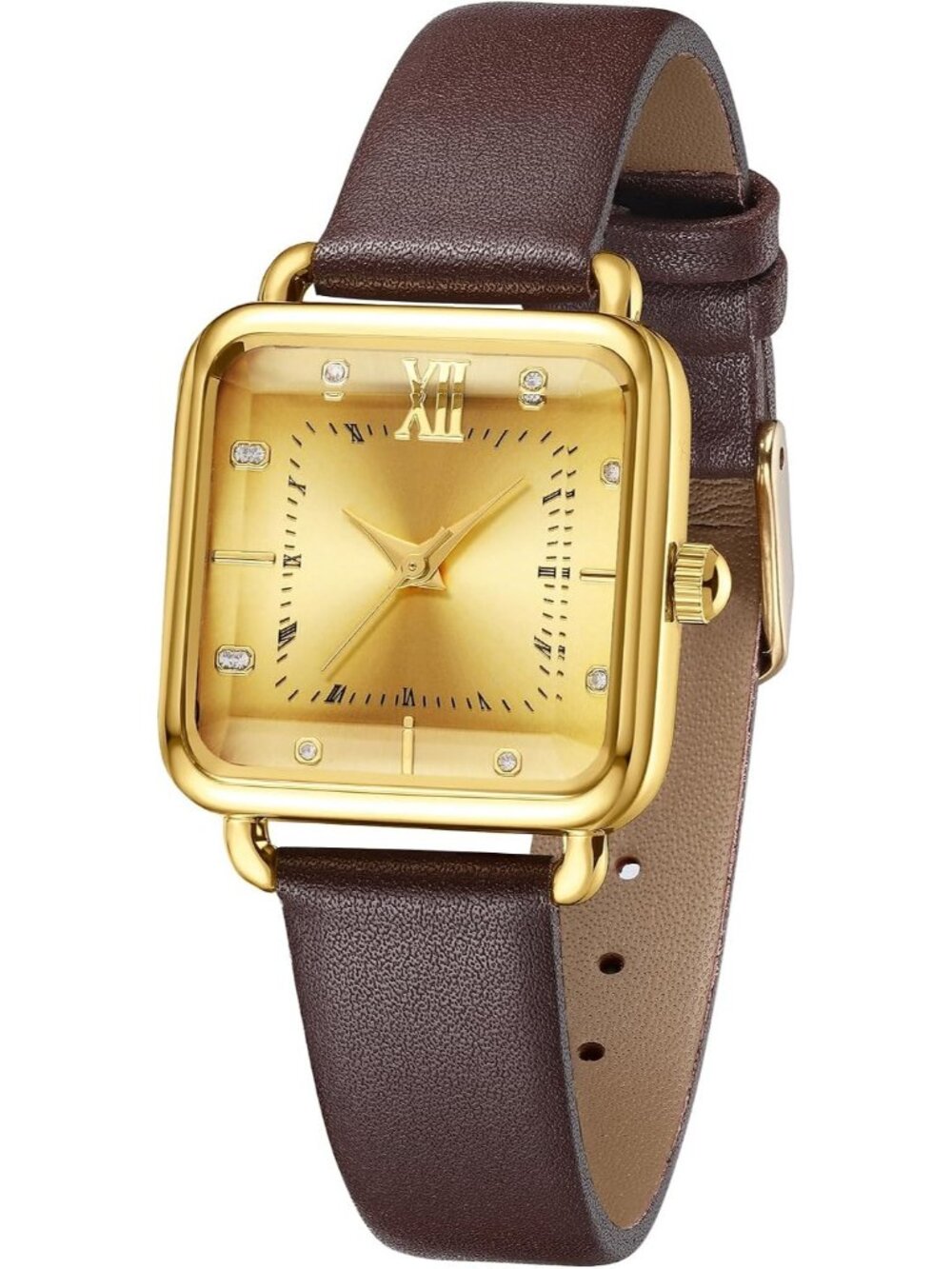Women's Gold Square Dial Quartz Stainless Steel Case Leather Strap Wrist Watches